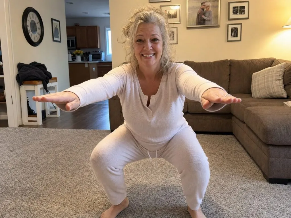 A woman stretching outdoors with full knee mobility