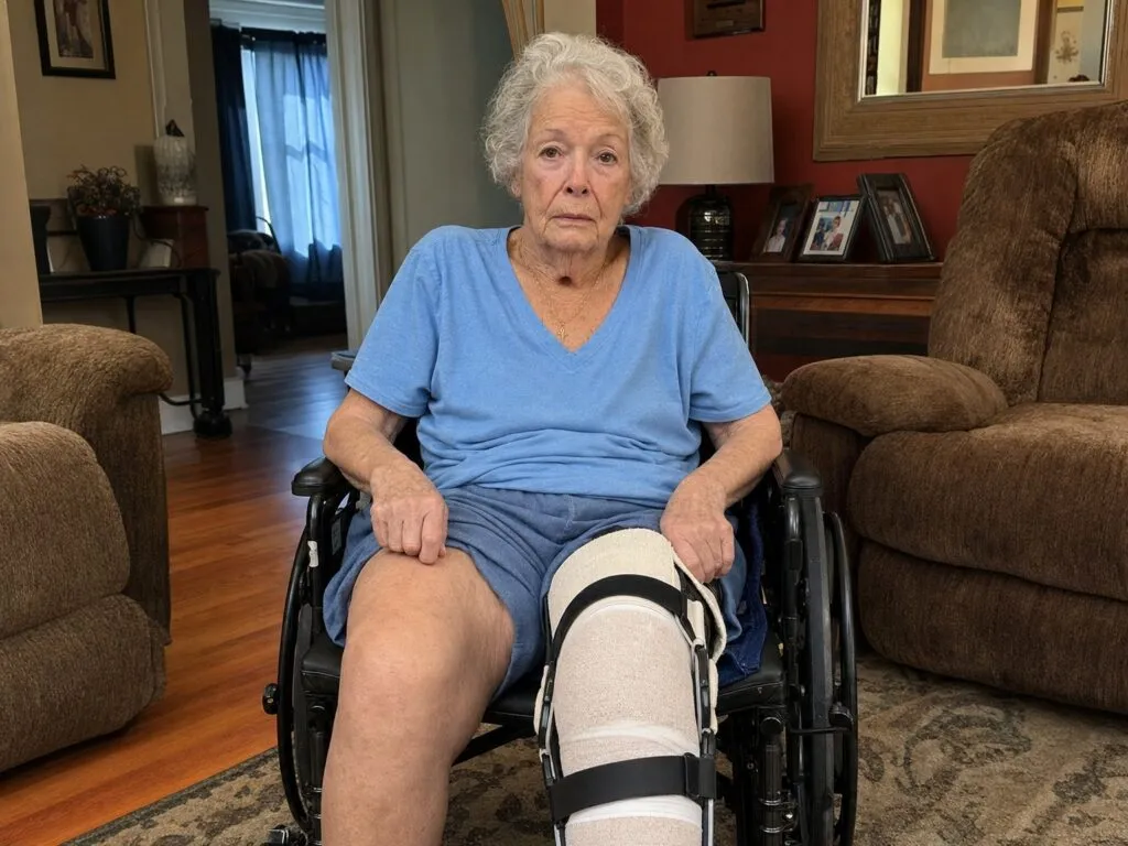 A woman using a walker during physical therapy after knee surgery